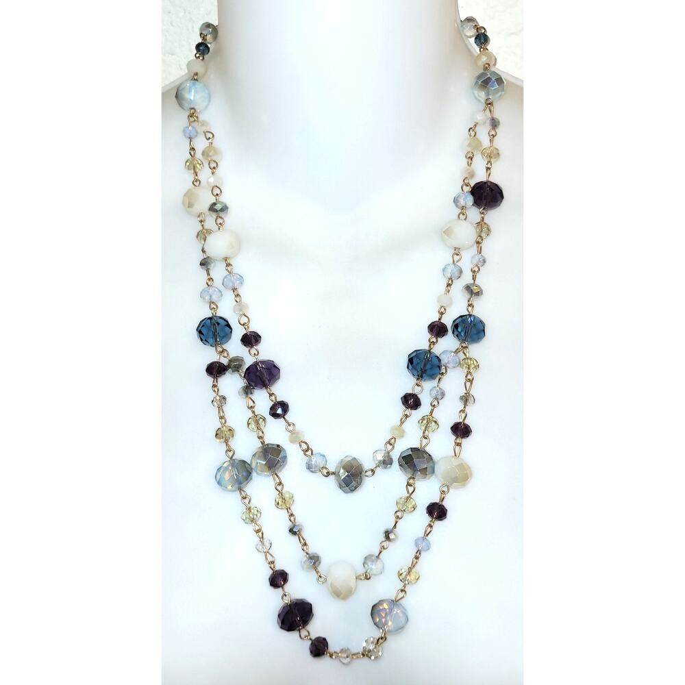 Vtg Blue Purple AB Crystal Glass Quality Beaded Goldtone Multistrand Necklace